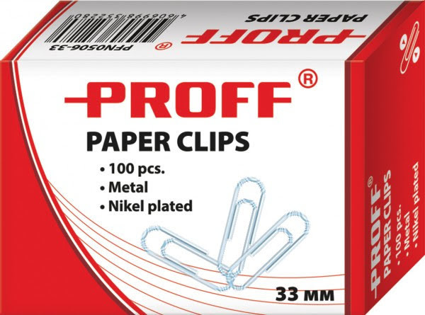 Скрепки металлические 33 мм., никелированные 100 шт."Proff"